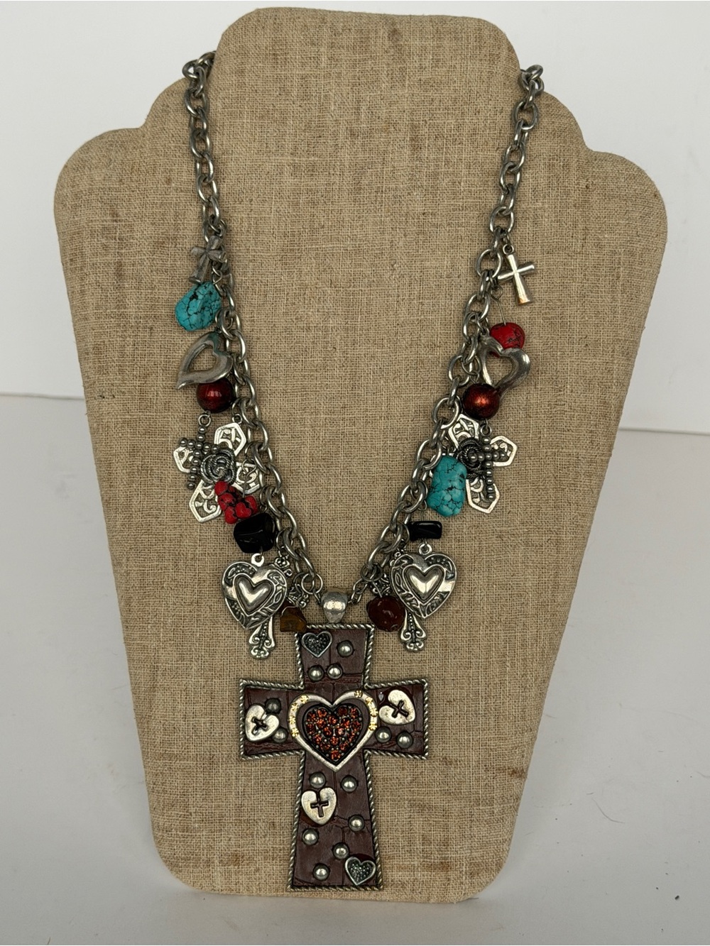 Western Cross & Heart Pendant Charm Statement Necklace Turquoise Coral Beads